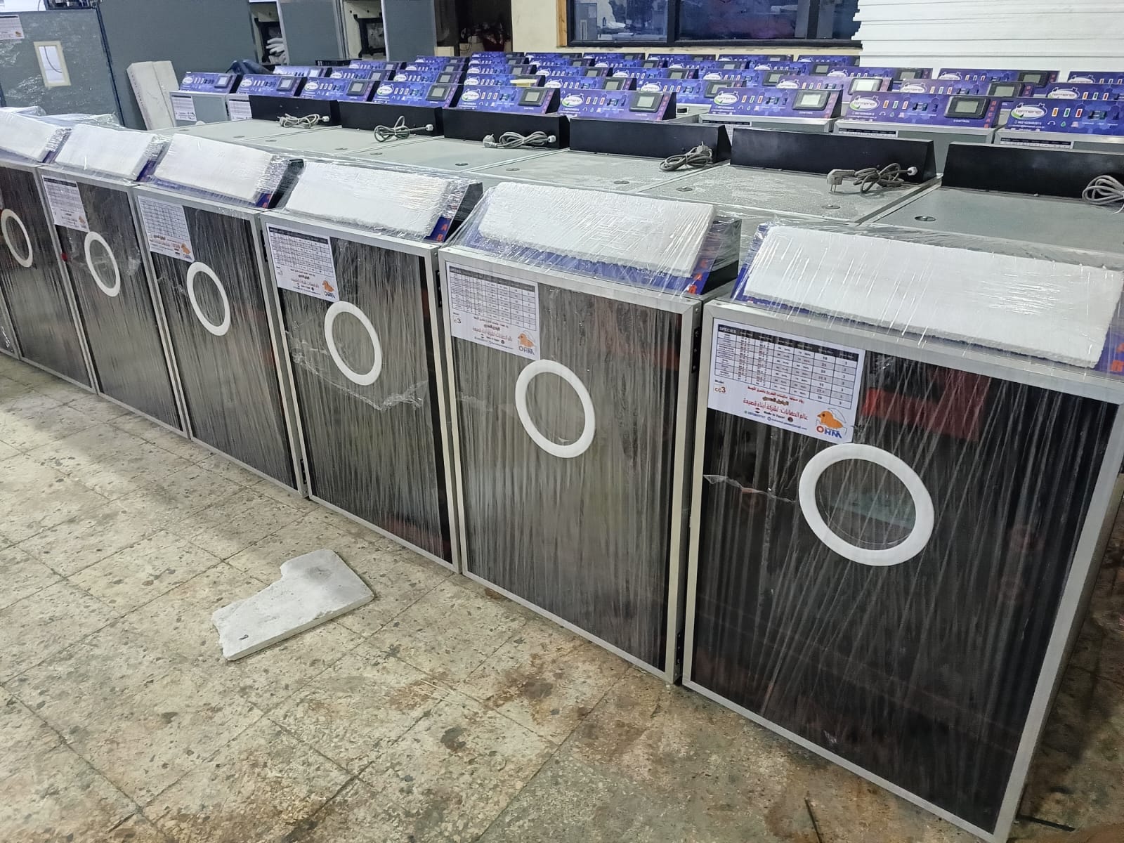 A ready row of hatching machines