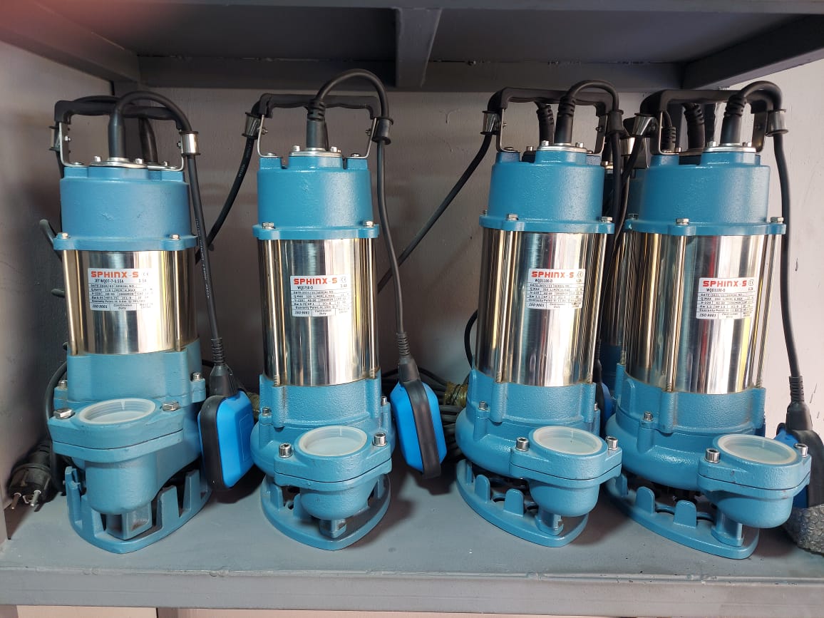 A full row of submersible pumps on display