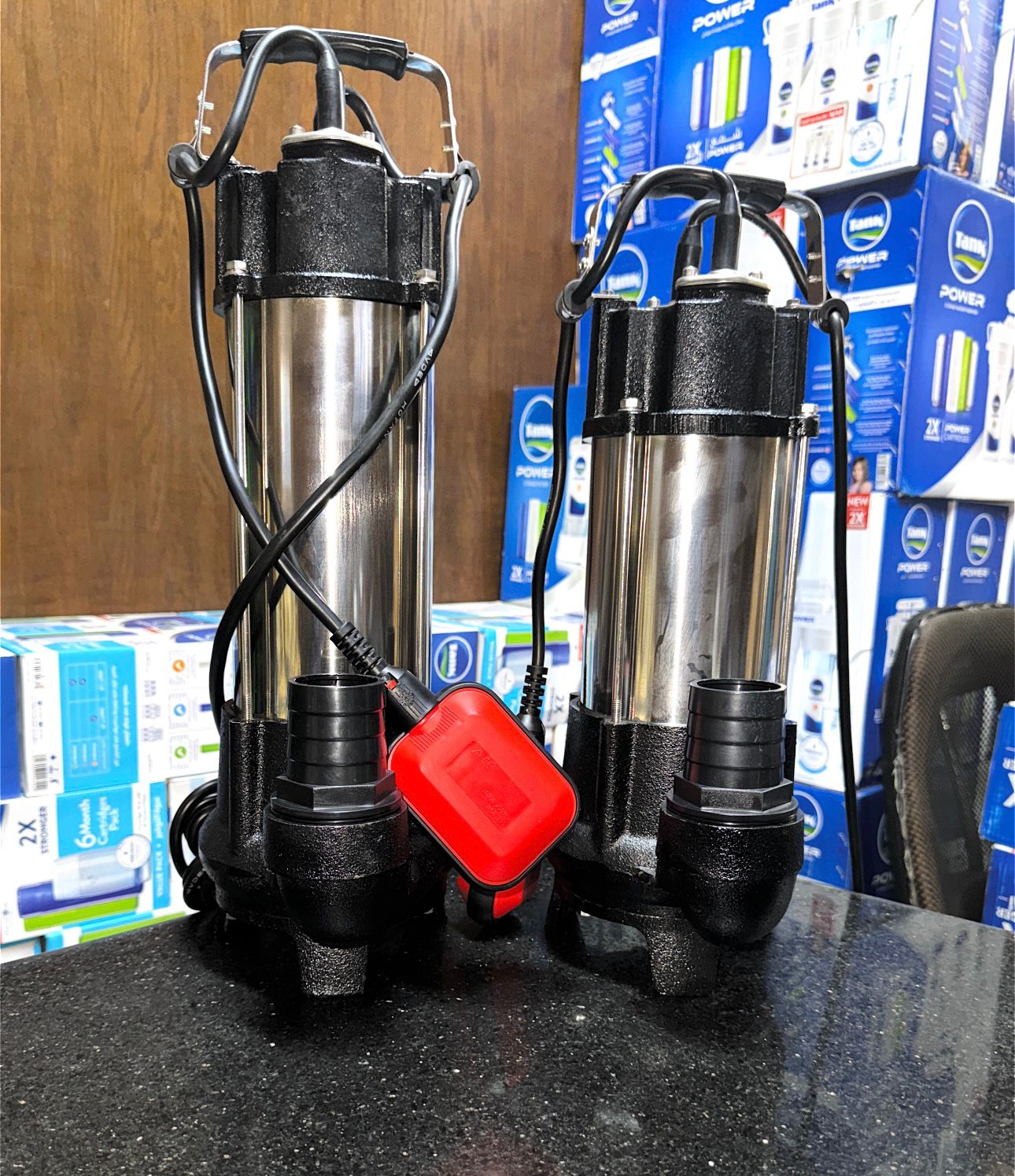 A pair of stainless submersible pumps with float switch